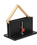 Handy Right Angle Woodworking Clamp Jig For Furniture, Photo Frames, And Drawer Slotting - Adjustable Fixture For Precise, Fast Setup And Strong Joints For Durable, Everyday Use. black metal clamp jig with wooden frame at 90-degree angle