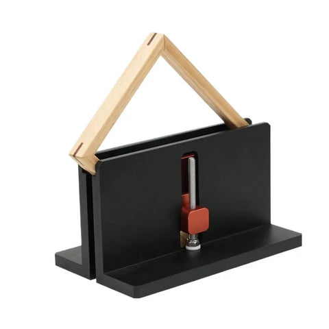 Handy Right Angle Woodworking Clamp Jig For Furniture, Photo Frames, And Drawer Slotting - Adjustable Fixture For Precise, Fast Setup And Strong Joints For Durable, Everyday Use. black metal clamp jig with wooden frame at 90-degree angle