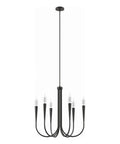 Penrose 6-Light Chandelier In Polished Nickel Finish For Dining Room with exposed bulbs and adjustable rods hanging downward.