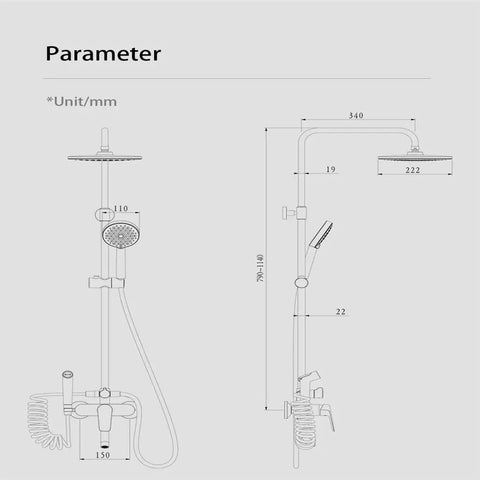 Bathroom Shower System Waterfall Rain Top Spray Lifting And Rotating Set Fixture(E) detailed diagram with measurements.
