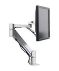 Slick Monitor Arm Desktop Mount Featuring Smooth Gas Spring Glide That Makes Adjusting Screens Totally Hassle Free side view display arm in matte silver finish.