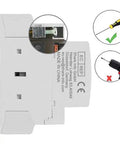 Side view of 2 Pole AC Contactor With 24V DC Coil 25A Load No-Fuss DIN Rail Mount showing installation instructions next to hand tools.