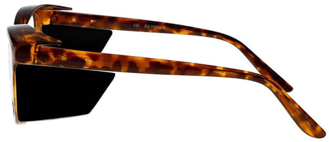 Side view of Rad Cat Eye Radiation Safety Glasses For Women, Lead Glasses with .75mm Pb Lenses, tortoise frame, side shields