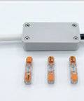 Heavy Duty Junction Box Tailored For Standard 221 Lever Nuts Rock Solid Inline Wire Splice Cover Case Supporting 3 Conductor Cables with connectors.