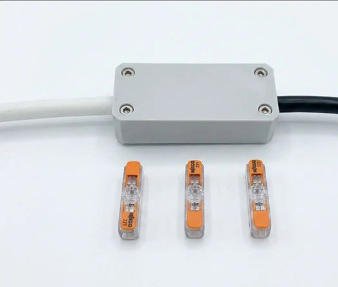 Heavy Duty Junction Box Tailored For Standard 221 Lever Nuts Rock Solid Inline Wire Splice Cover Case Supporting 3 Conductor Cables with connectors.