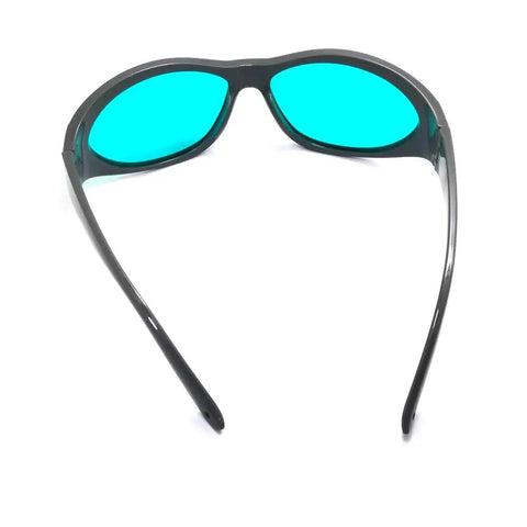 Pro Level Red Laser Safety Glasses With Heavy Duty OD4 Plus Protection For 635 650 694 Nanometer Ruby Lasers And Rock Solid Clear Lens Guard For Night Crews, view from behind showing green lenses.