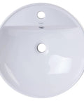 Top view of the BA141 18 Inch Round Ceramic Above Mount Bathroom Basin With Single Hole Faucet Setup And Rear Center Drain