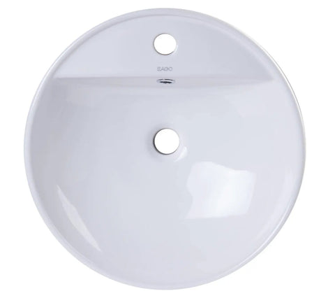 Top view of the BA141 18 Inch Round Ceramic Above Mount Bathroom Basin With Single Hole Faucet Setup And Rear Center Drain