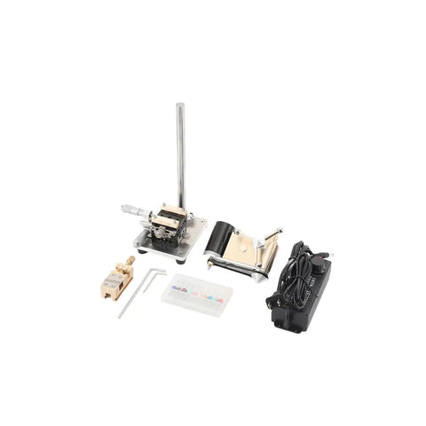 Essential Mini Benchtop Drill Press For Precision Watch Repair Work, aluminum build, parts and accessories displayed.