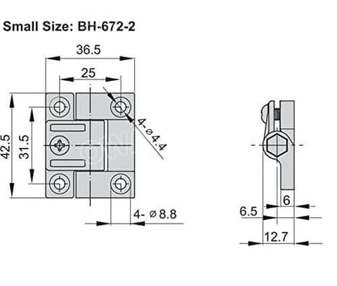 Technical diagram of Two Pack Adjustable Torque Hinge With 0-0.8 Nm Symmetric Torque For Electronics Boxes And Pochade Boxes