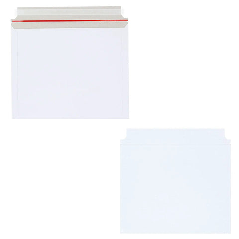 Front and back view of 50 Pack 11x14 Inch Rigid Cardboard Mailers Stay Flat White Self Seal Photo Envelopes For Photos Documents Prints No Bend 13.6 By 11.2 Inches Ship Ready For Fragile Prints