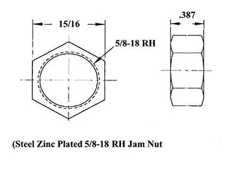 Steel zinc plated 5/8-18 RH jam nut detailed dimensions for installation in Built Tough 1/2 Inch 4 Link Rod End Kit.