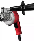 Heavy Duty Corded Power Drill With Beast Mode 8 Amp Motor Delivering Up To 850 Rpm And Variable Speed Trigger plus keyed chuck close-up view.