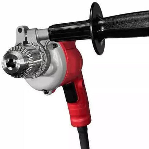 Heavy Duty Corded Power Drill With Beast Mode 8 Amp Motor Delivering Up To 850 Rpm And Variable Speed Trigger plus keyed chuck close-up view.