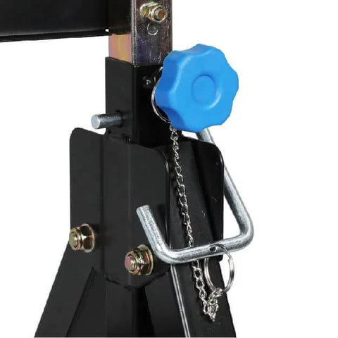 Close-up of adjustable knob and lock on Adjustable Welding Table With Wheels Portable Steel Workbench 30 Inch By 20 Inch Tilting Top Foldable For Easy Storage Built Tough Rust Resistant Zinc Plated Surface With Clamp Slots Sturdy Mobile Welding Desk For Home Or Shop.