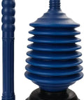 Heavy Duty Bad Boy Manual Toilet Plunger With Vacuum Suction Cup For Deep Pipe Dredging And Stubborn Drain Clogs No Sweat Bathroom Sink Cleanup And Quick Fix Solution, blue rubber plunger with a black suction base.