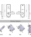 Rock Solid Fingerprint Electronic Door Lock Featuring A Slick Acrylic Touchscreen Keypad with mortise options dimensions and details.