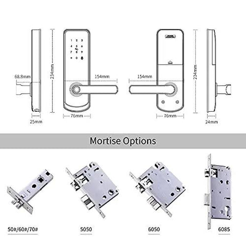 Rock Solid Fingerprint Electronic Door Lock Featuring A Slick Acrylic Touchscreen Keypad with mortise options dimensions and details.