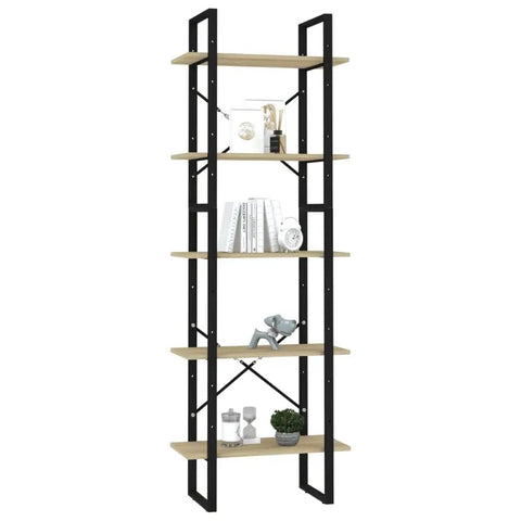Five-Tier Sonoma Oak Book Cabinet With Metal Frame And Two Cabinets, 23.6 Inch Wide, 11.8 Inch Deep, 68.9 Inch Tall, Modern Industrial Storage Shelf Unit For Books, Magazines, And Decor showcasing empty shelves.