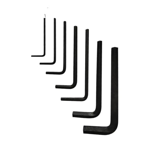Compact 7 Piece Hex Allen Key Set Wrench Screwdriver Tool Kit For Tiny Fasteners Perfect For RC Cars And DIY Repairs With Sizes From.9mm To 3.5mm Making On The Go Fixes A Total Breeze. 7 black steel hex keys arranged by size