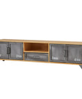 Killer Industrial Solid Wood TV Console With Hella Roomy Storage Drawers Closed Cabinets And Vintage Iron Details, 70 inches, yellow wood and metal.