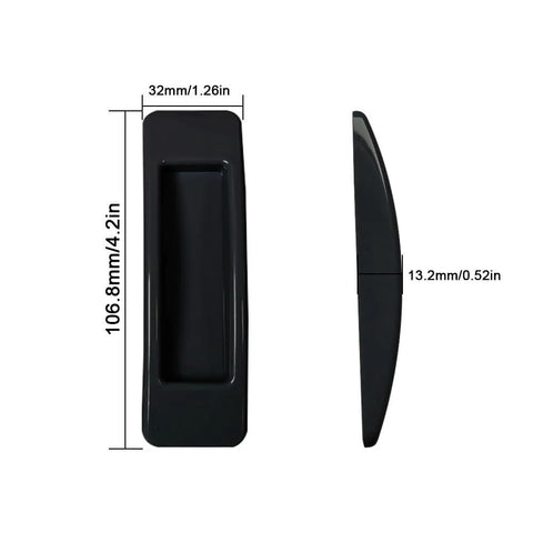 Black plastic Self Stick Instant Cabinet Drawer Handle with side and front view, showing dimensions for easy opening on smooth surfaces.