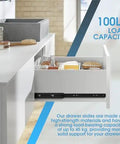 Rock Solid Eight Inch Full Extension Drawer Slides One Pair Side Mount Ball Bearing Rails With Super Smooth Action And Plug And Play Install Ideal For Cabinets Dressers Wardrobes And Kitchen Drawers In Solid Black Finish showing high-strength drawers with 100lb load capacity.
