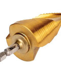 Step Drill Bit Set For Thin Metal Plastic Aluminum And Wood Seven Eighths To One And Three Eighths Inch Double Spiral Flutes, hex shank.