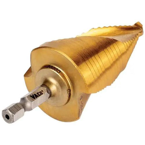Step Drill Bit Set For Thin Metal Plastic Aluminum And Wood Seven Eighths To One And Three Eighths Inch Double Spiral Flutes, hex shank.