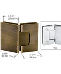 Geneva 045 Series Antique Brass Glass To Glass Hinge For Frameless Doors 135 Degree Self Centering with dimensions shown