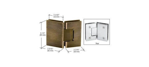 Geneva 045 Series Antique Brass Glass To Glass Hinge For Frameless Doors 135 Degree Self Centering with dimensions shown