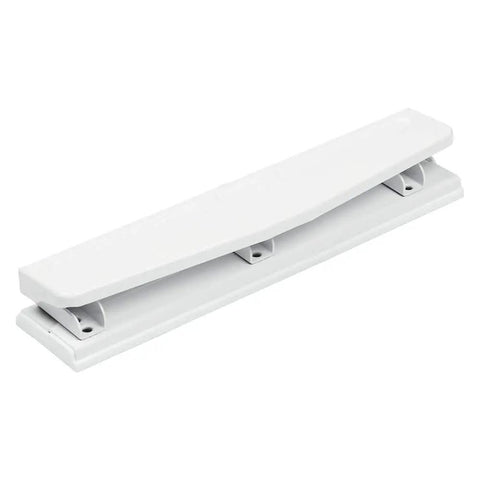 Metal 3 Hole Punch For White Paper, 10 Sheet Capacity, Built Tough Desk Side Workhorse shown in a side angle view
