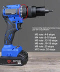 Electric Cordless Rivet Nut Gun With Brushless Motor And 4000 Mah Battery showing torque settings for M3 to M10 nuts.