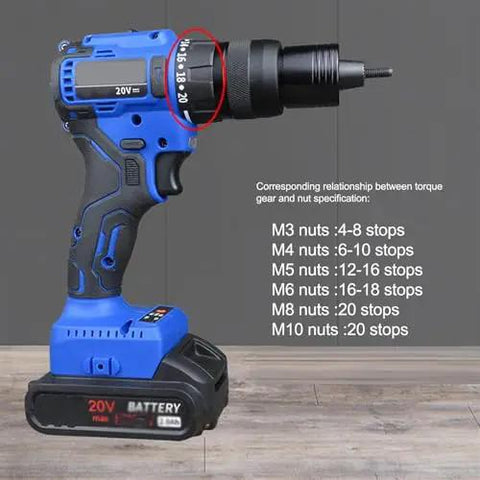 Electric Cordless Rivet Nut Gun With Brushless Motor And 4000 Mah Battery showing torque settings for M3 to M10 nuts.