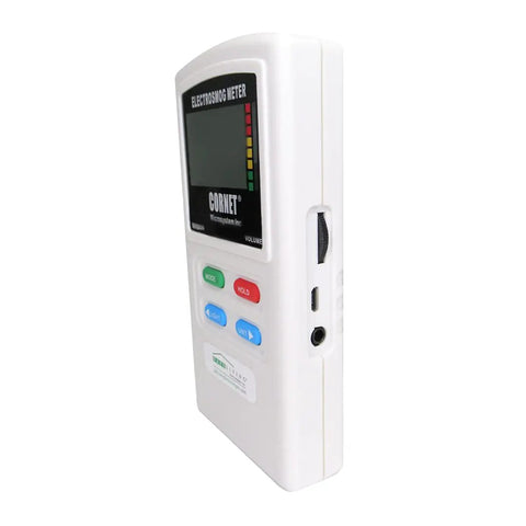 Cornet ED98QPro5G Electrosmog Quad Mode Meter With RF Counter Detects Dominant 100 MHz To 4.2 GHz Source Measures Low Frequency Electric And Magnetic Fields 50 Hz To 50 kHz Includes Light Flicker Mode For Modern Lighting. white handheld electrosmog meter with display and buttons
