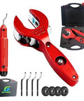 Ratcheting tubing cutter set in red for copper pipes, with deburring tool, hex wrenches, and carrying case.