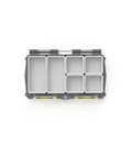 Top view of Modular Tackle Box With HEXLOK Grid System Waterproof Gasket Rust Prevention And Industrial Strength Build, grey and yellow.
