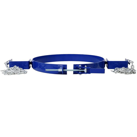 Heavy Duty 55 Gallon Drum Lifter Ring With Pivoting Fork Pockets, Painted Carbon Steel Design, front view of blue drum lifter.