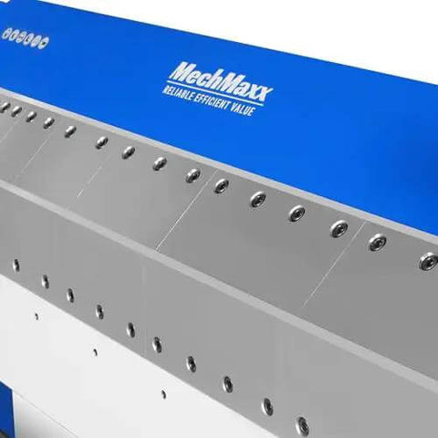 Close-up of 50 Inch Foot Clamp Pan And Box Brake For Sheet Metal Folding, Heavy Duty Industrial Metal Bender, featuring segmented fingers