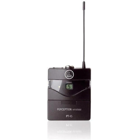 Front view of PT45 Pocket Transmitter from Perception Wireless Microphone System With SR45 Receiver, PT45 Pocket Transmitter, And C544L Headworn Microphone For Sports And Fitness, Hands Free Audio For Live Events, Broadcasts, And Team Practices.