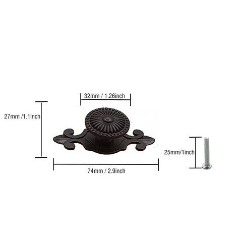 Top Notch Black Antique Mushroom Dresser Knobs With Decorative Zinc Backplates - 12 Pack, dimensions shown for classic decor.
