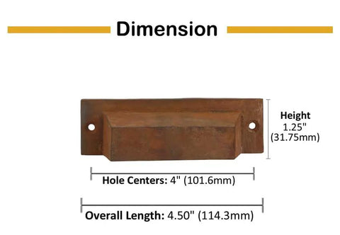 Badass Vintage Cast Iron Cup Drawer Pulls With Rugged Rustic Patina dimensions showing height 1.25", hole centers 4", overall length 4.5".