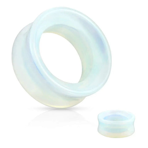 Opalite Organic Stone Hollow Tunnel Ear Gauges Set In White Dope Double Saddle Beveled Center Flesh Plugs, Hollow Earlobe Tunnels, Sold In Pairs, 10mm To 00 Gauge