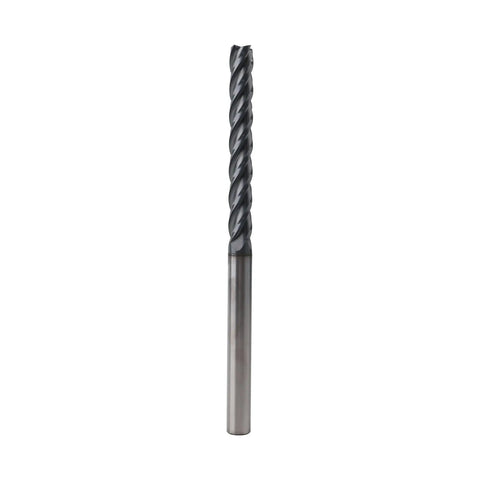 Front view of Beefy 3/8 Inch Carbide Long End Mill with 4 Flutes AlTiN Coated Square End for Steel, 30 Degree Helix, 3 Inch Cut Length.