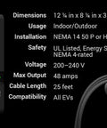 Heavy Duty Level 2 EV Charger With No Sweat Setup And Badass Fast Charge For Teslas And Nacs At Home 48 Amp 240v Weatherproof Wall Station 25 Ft Cable Pure White showing dimensions, usage, installation, and safety features.