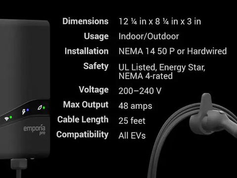 Heavy Duty Level 2 EV Charger With No Sweat Setup And Badass Fast Charge For Teslas And Nacs At Home 48 Amp 240v Weatherproof Wall Station 25 Ft Cable Pure White showing dimensions, usage, installation, and safety features.