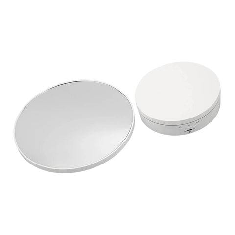 Hot 360 Degree Rotating Display Stand With Electric Motorized Turntable And USB Cable For Perfect Plastic Glass Showcase Of Jewelry Watches And Cakes In Crisp White viewed from above.