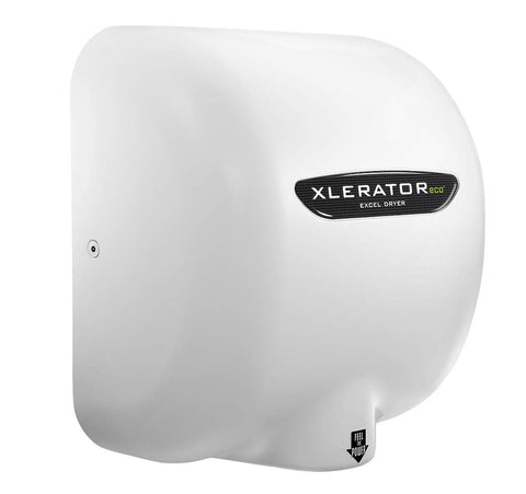 High Speed No Heat Touchless Hand Dryer With Adjustable Speed And Sound, surface mounted, white, side view.