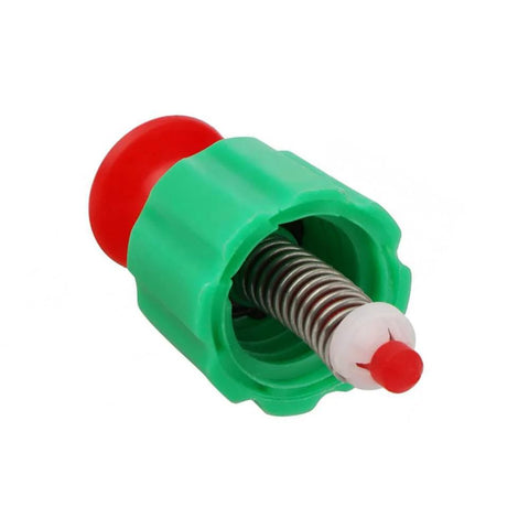 Green plastic pressure-relief valve with red plunger and metal coil spring for backpack garden sprayer