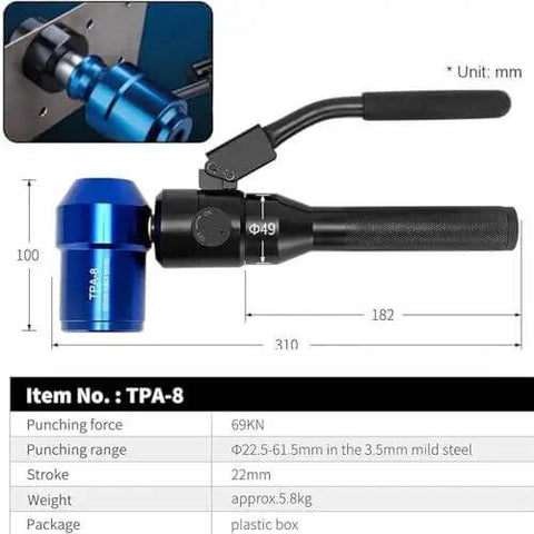 Portable Hydraulic Hole Punch Kit With Six Dies For Drilling Holes In Mild Steel Plates And Metal Sheets Manual Knockout Punch For Electrical Boxes Built Tough And Ready To Use Blue showing measurements and specifications